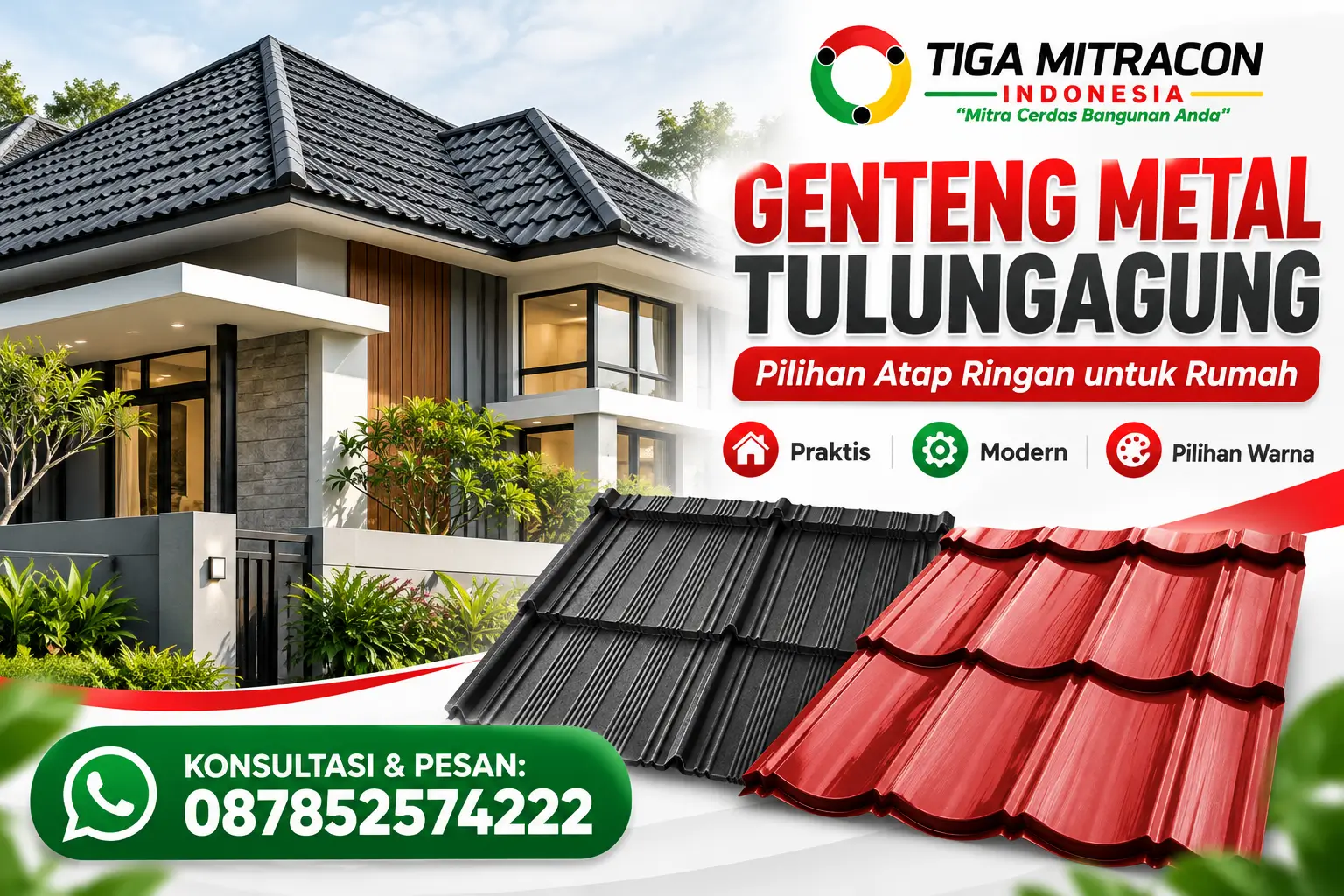 Genteng metal Tulungagung warna hitam dan merah untuk atap rumah modern, Tiga Mitracon Indonesia, WhatsApp 087852574222.