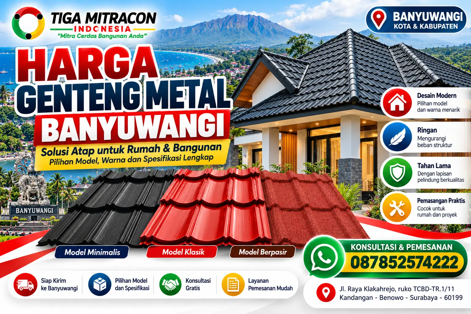Harga genteng metal Banyuwangi untuk rumah dan bangunan dengan pilihan model minimalis, klasik, dan berpasir dari Tiga Mitracon Indonesia.