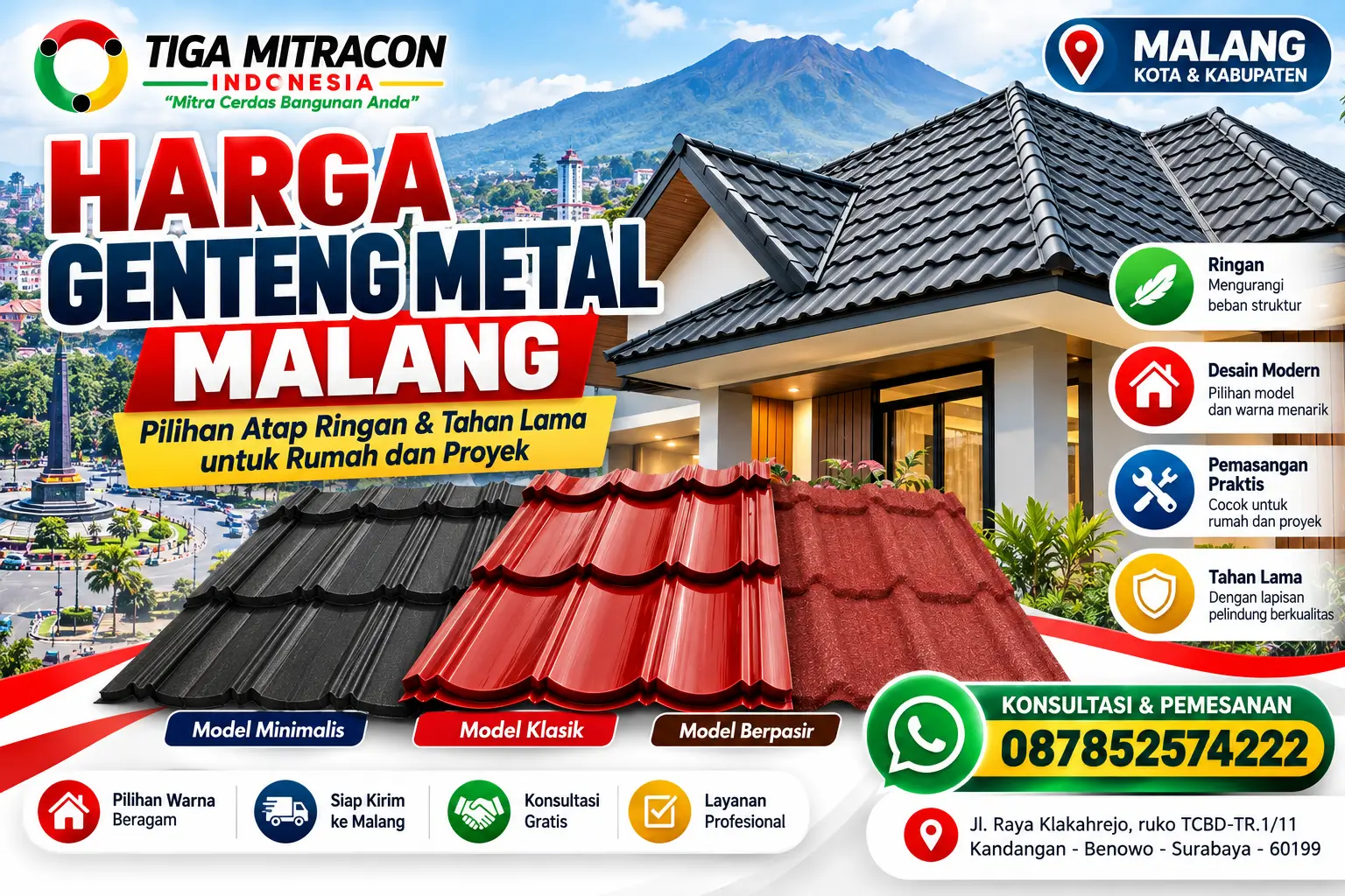 Harga genteng metal Malang dengan pilihan model minimalis, klasik, dan berpasir untuk atap rumah modern dari Tiga Mitracon Indonesia.