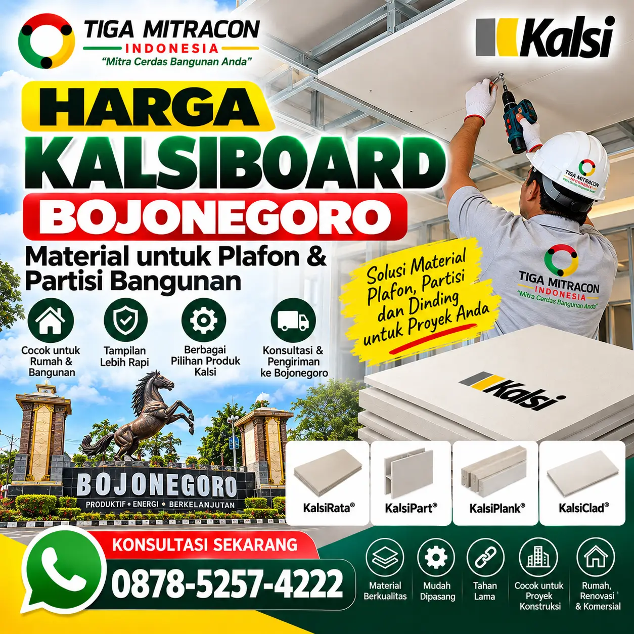 Harga Kalsiboard Bojonegoro untuk plafon dan partisi bangunan dengan produk Kalsi dan layanan Tiga Mitracon Indonesia.