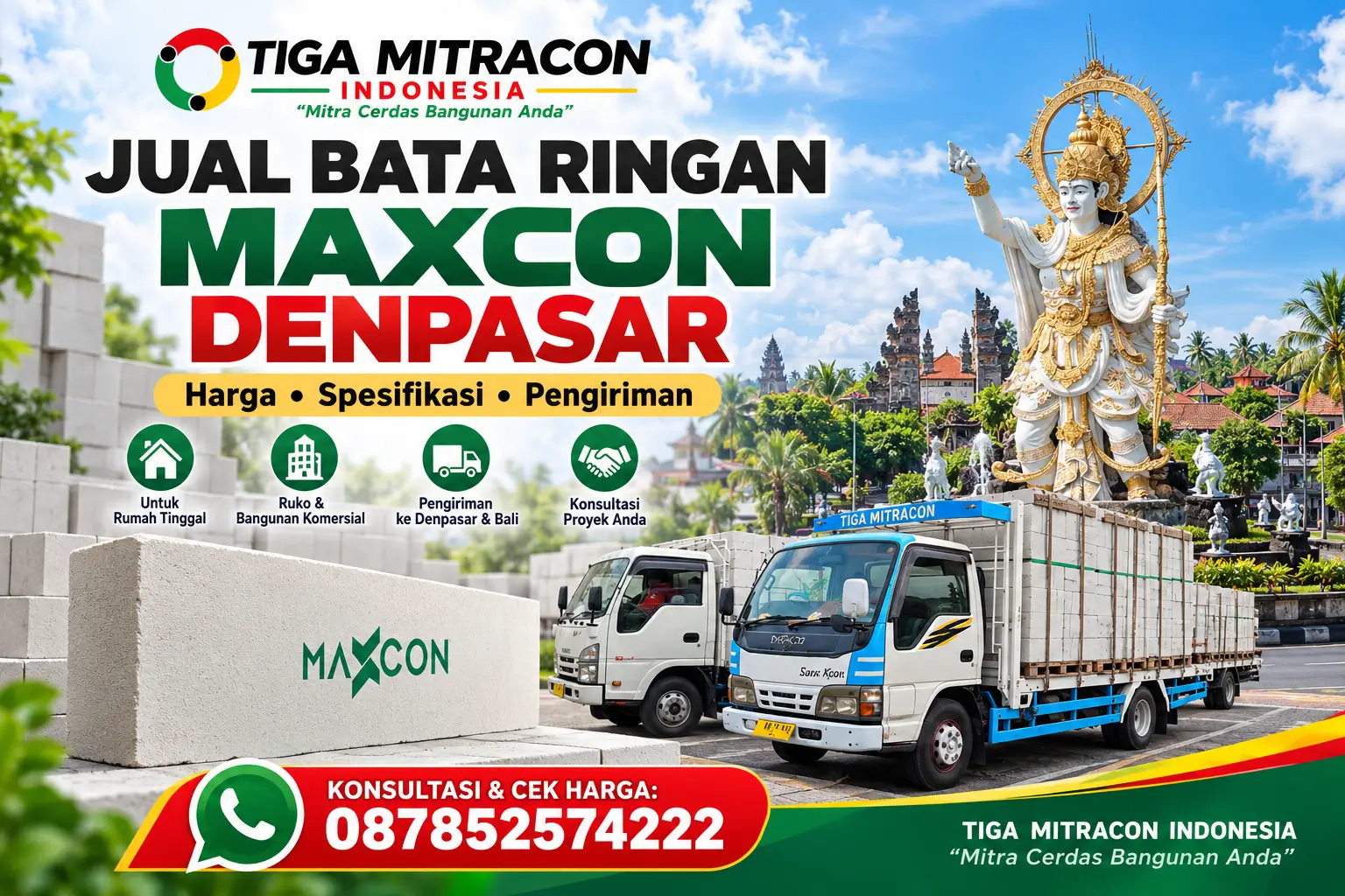 Bata ringan Maxcon Denpasar dengan layanan pengiriman Tiga Mitracon Indonesia ke Bali, hubungi 087852574222.