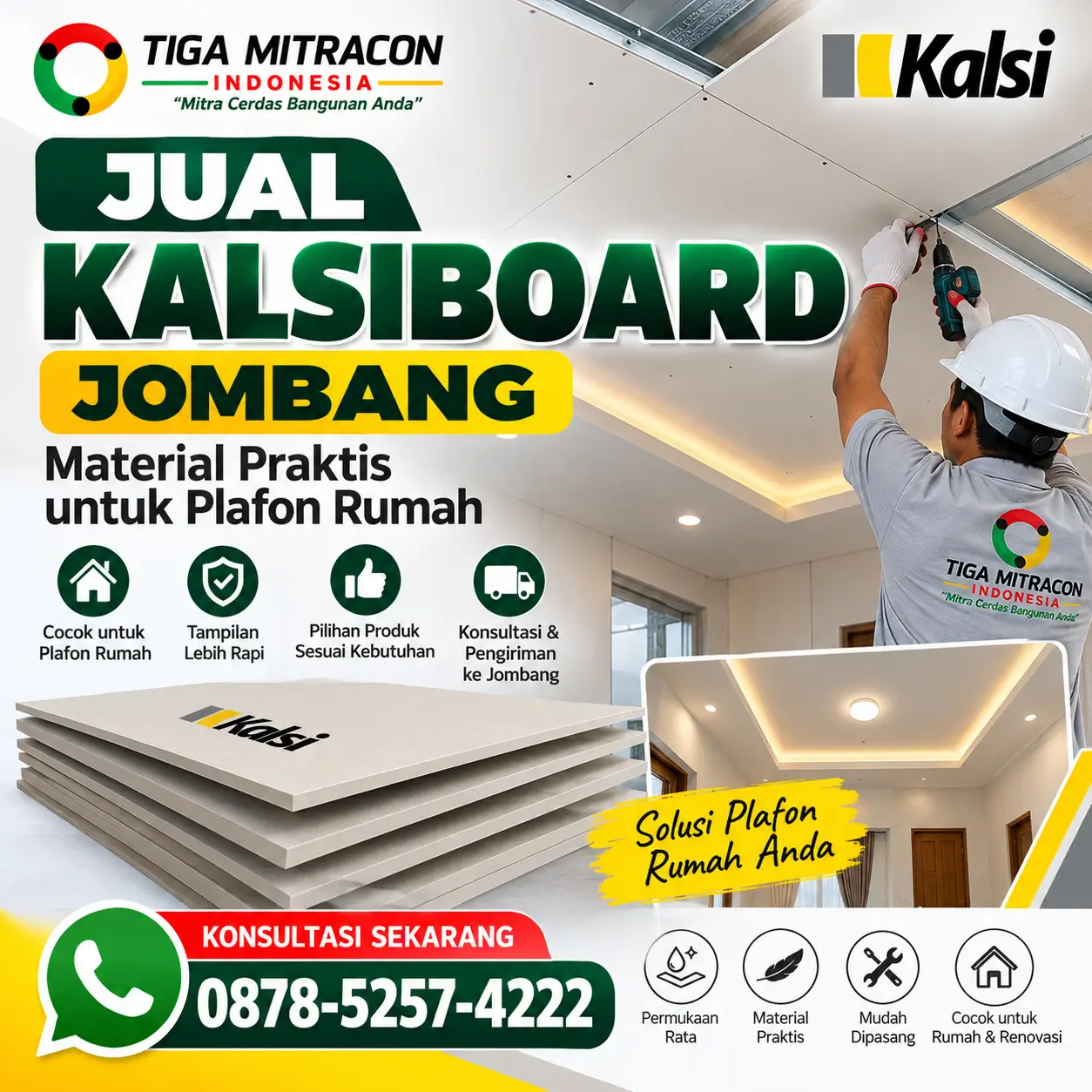 Jual Kalsiboard Jombang untuk plafon rumah dengan produk Kalsi dan layanan konsultasi Tiga Mitracon Indonesia.