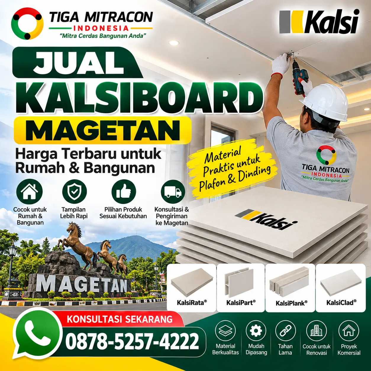 Jual Kalsiboard Magetan untuk plafon dan dinding rumah dengan produk Kalsi dan layanan konsultasi Tiga Mitracon Indonesia.
