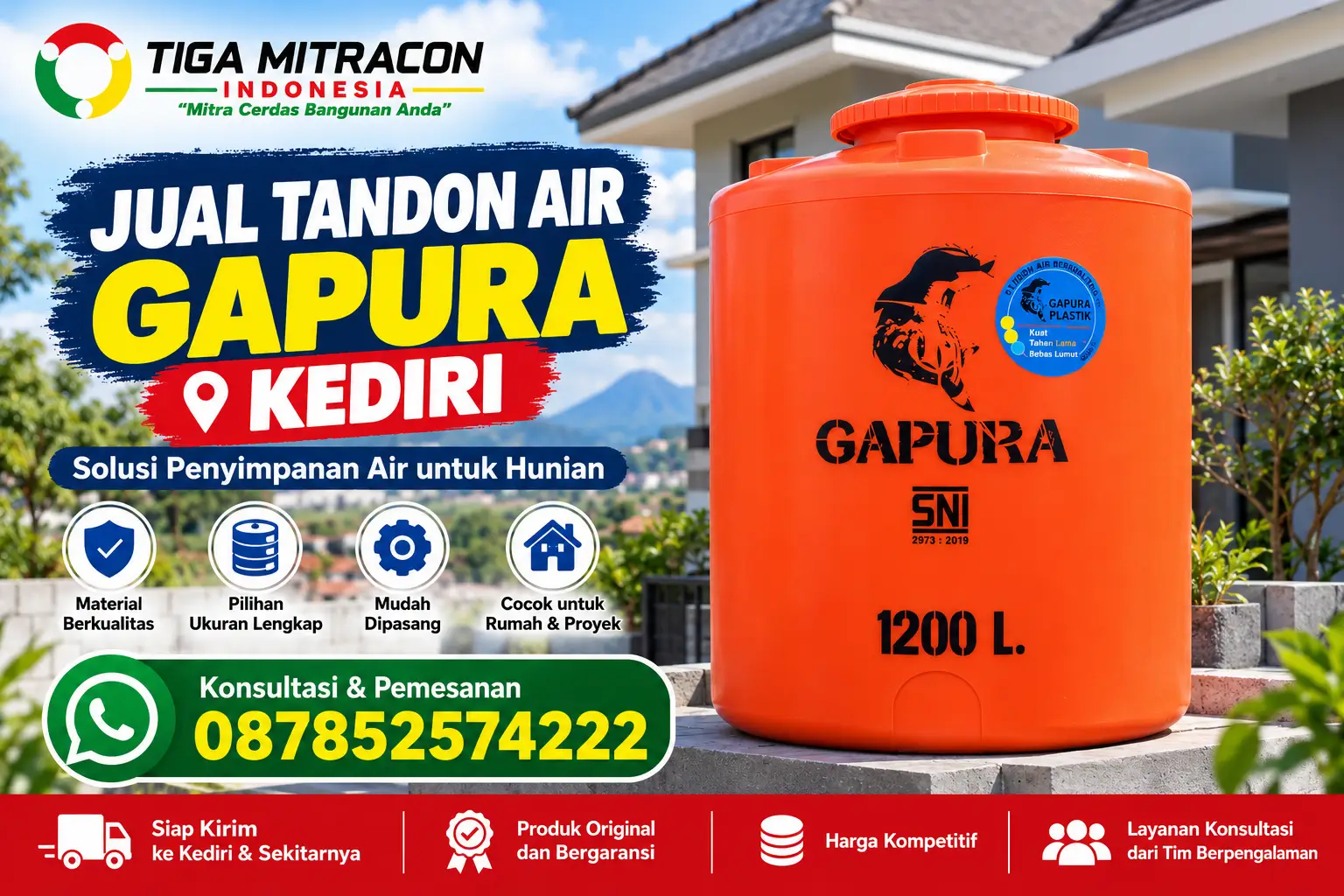 Tandon air Gapura 1200 liter warna oranye untuk hunian di Kediri dengan promosi Tiga Mitracon Indonesia.