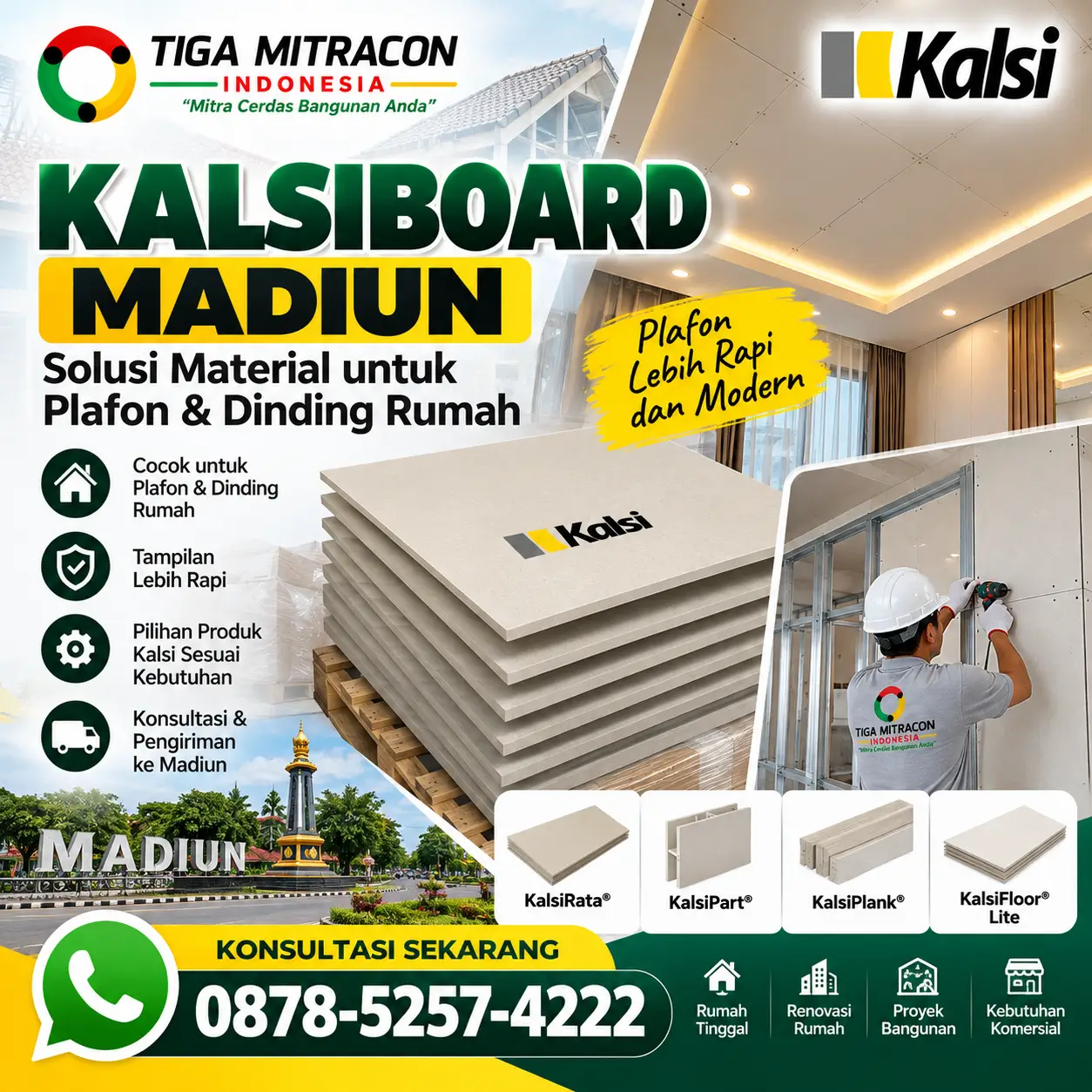 Kalsiboard Madiun untuk plafon dan dinding rumah dengan produk Kalsi dan layanan konsultasi Tiga Mitracon Indonesia.