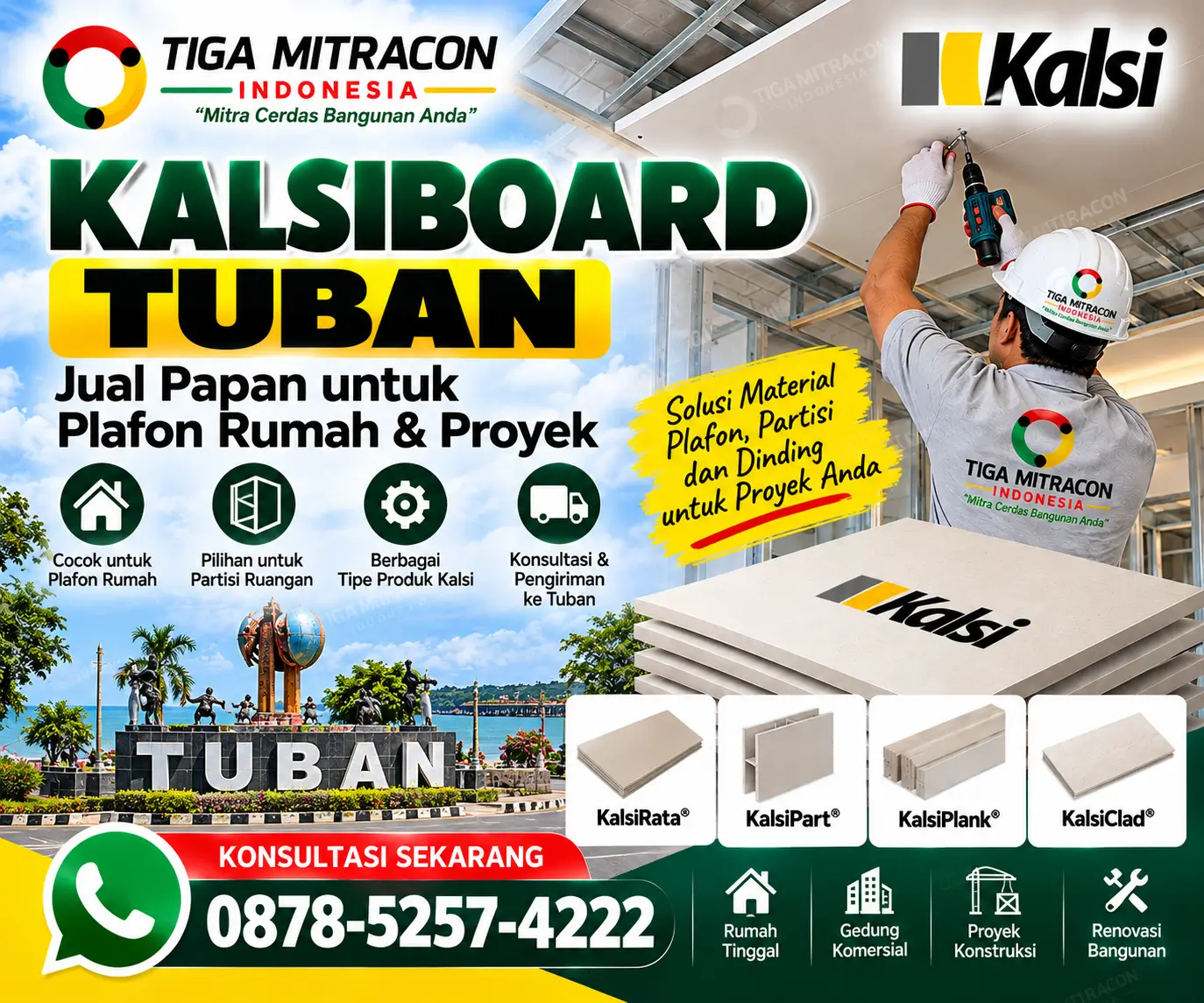 Kalsiboard Tuban untuk plafon rumah dan proyek, menampilkan papan Kalsi, pemasangan plafon, serta layanan Tiga Mitracon Indonesia.