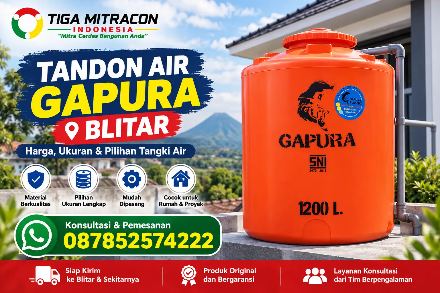 Tandon air Gapura 1200 liter warna oranye untuk rumah dan proyek bangunan di Blitar – Tiga Mitracon Indonesia.