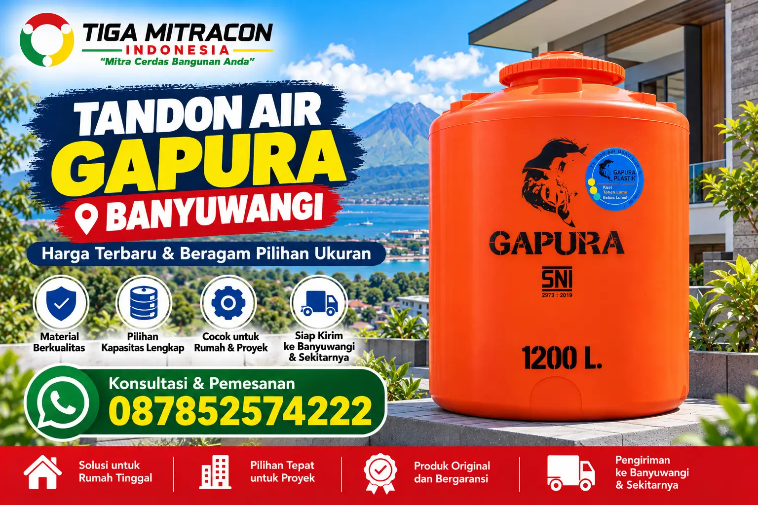 Tandon air Gapura 1200 liter warna oranye untuk rumah dan proyek di Banyuwangi dengan watermark Tiga Mitracon Indonesia dan CTA WhatsApp.