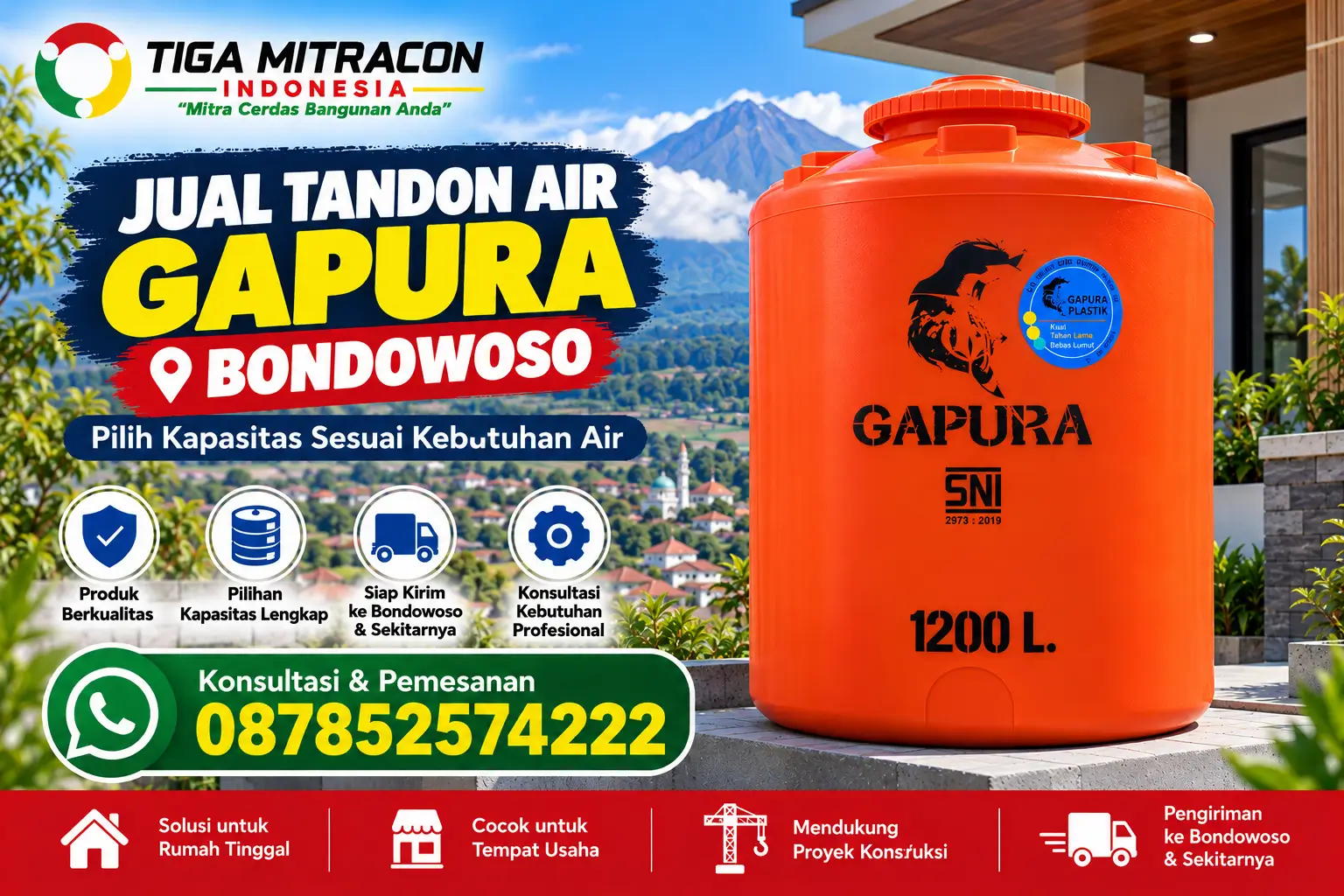 Tandon air Gapura 1200 liter warna oranye untuk rumah dan proyek di Bondowoso dengan branding Tiga Mitracon Indonesia.