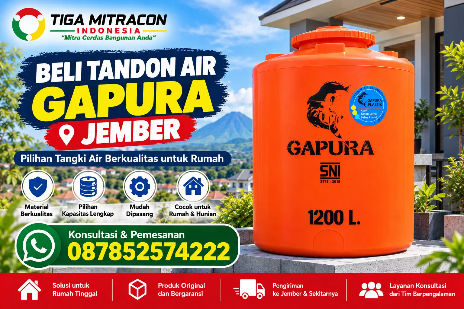 Tandon air Gapura 1200 liter warna oranye untuk kebutuhan rumah di Jember dengan promosi Tiga Mitracon Indonesia.