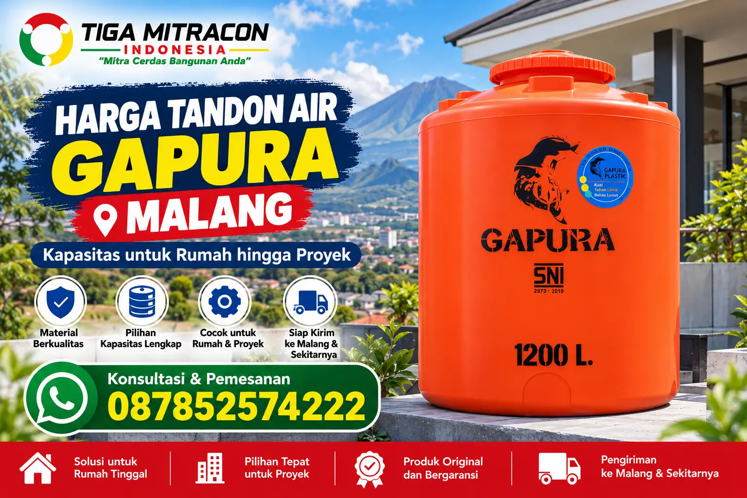Tandon air Gapura 1200 liter warna oranye untuk rumah dan proyek di Malang dengan promosi Tiga Mitracon Indonesia.
