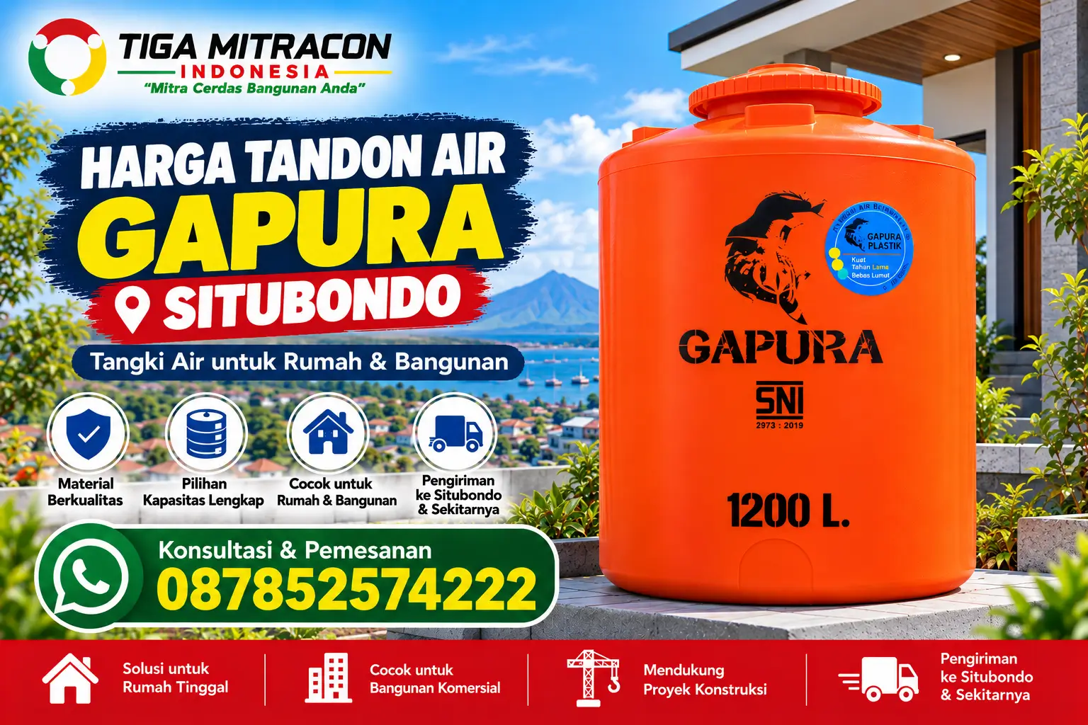 Tandon air Gapura 1200 liter warna oranye untuk rumah dan bangunan di Situbondo dengan watermark Tiga Mitracon Indonesia dan nomor WhatsApp 087852574222.